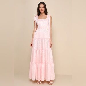New Lulus Picturesque Allure Blush Pink Jacquard Tie-Strap Maxi Dress XL